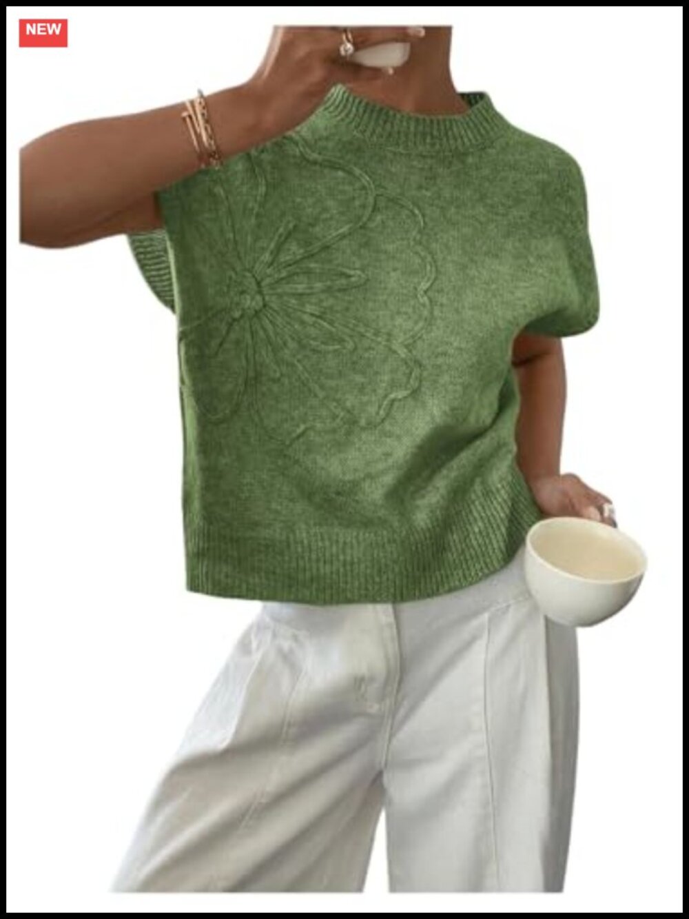 Women's Short Sleeve Sweater Vest 3D Floral Knit Pullover Crew Neck